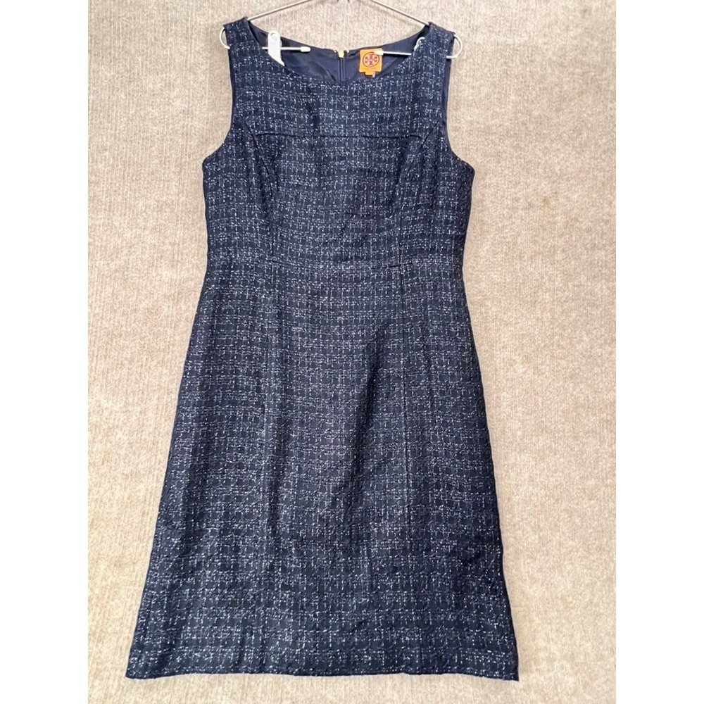 Tory Burch Navy Blue‎ Sleeveless Tweed Dress Career Cocktail Party Size 14